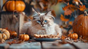 White Cat With Blue Eyes Posing Near Pumpkins and Pie During Autumn photo