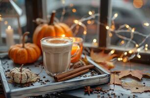 Cozy Knitted Candles on a Grey Blanket With Autumn Leaves photo