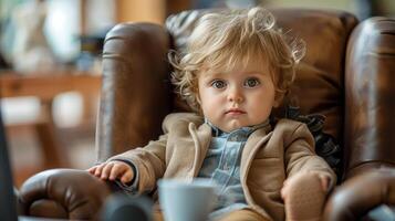 Little Boy Using Laptop at Table photo
