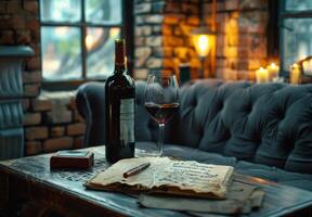 A Glass of Red Wine on a Rustic Table With Brick Wall Background photo
