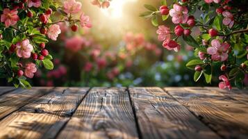 Wooden Table Topped With Pink Flowers photo