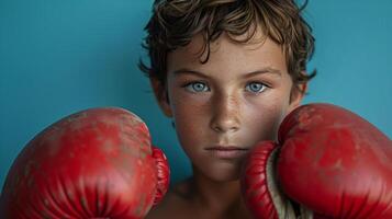 Young Boy With Blue Eyes in Red Boxing Gloves photo