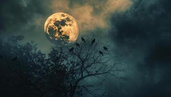 Full Moon Night With Crows Perched on a Bare Tree photo