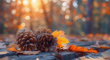 Two Pine Cones on Wooden Surface With Autumn Leaves in Sunlight photo