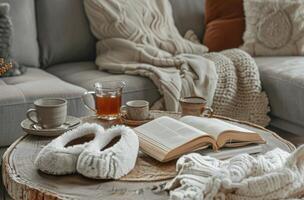 Cozy Living Room With Slippers, Tea, and an Open Book photo