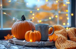Cozy Autumn Scene With Pumpkins, Coffee, and Knitted Blanket by Window photo