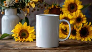 White Coffee Mug on Wooden Table photo