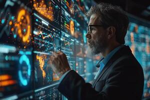 A Man Gazes At A Screen Of Blue And Orange Data photo