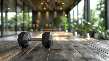 Two Dumbbells Resting on Wooden Floor photo