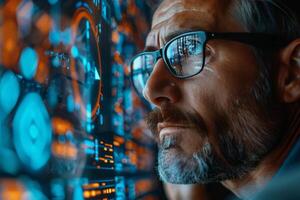 A Man Gazes At A Screen Of Blue And Orange Data photo