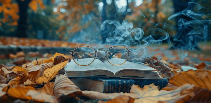 Open Book With Glasses And Autumn Leaves In A Library Setting photo