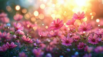 Field of Pink Flowers With Sun Background photo