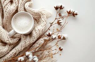 Warm Beverage With Cotton Branches and Knitted Blanket on White Surface photo