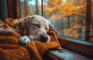 Two Golden Retrievers Napping by the Window on a Sunny Autumn Day photo
