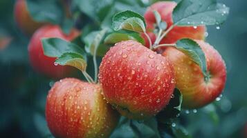 Red Apples Hanging From Tree in Rain photo