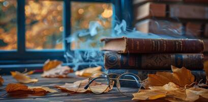 Open Book With Glasses And Autumn Leaves In A Library Setting photo