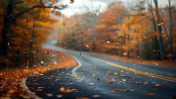 Autumn Leaves Falling on Wet Road in Forest photo