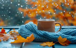 Colorful Autumn Leaves on Yellow Background photo