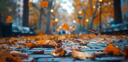 Autumn Leaves Falling on a City Sidewalk photo