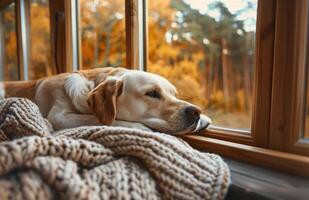 Two Golden Retrievers Napping by the Window on a Sunny Autumn Day photo