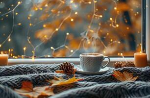 Cozy Autumn Window View With Warm Coffee and Blanket photo