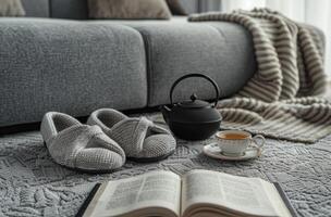 Cozy Living Room With Grey Slippers, Teapot, and Open Book photo