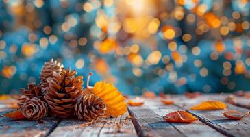 Two Pine Cones on Wooden Surface With Autumn Leaves in Sunlight photo