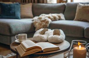 Cozy Living Room With Slippers, Tea, and an Open Book photo