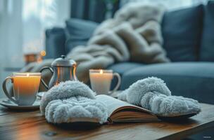 Cozy Living Room With Slippers, Tea, and an Open Book photo
