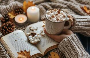 Cozy Autumn Evening With Hot Chocolate, Book, and Candles photo