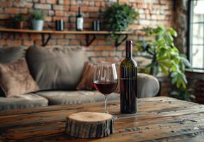 Glass of Red Wine and Bottle on Rustic Wooden Table in Cozy Living Room photo