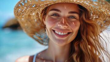 Woman in Straw Hat on Beach photo