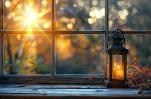 Lantern on a Windowsill With Autumn Leaves and a Sunny View photo