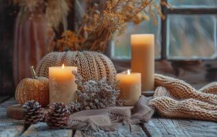 Cozy Autumn Scene With Lit Candles and Pumpkins on Knit Blanket photo