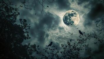 Full Moon Night Over Silhouetted Trees With Flying Birds photo