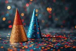 Two Glitter Party Hats on a Table With Confetti and Out-of-Focus Lights photo