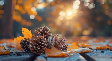 Two Pine Cones on Wooden Surface With Autumn Leaves in Sunlight photo