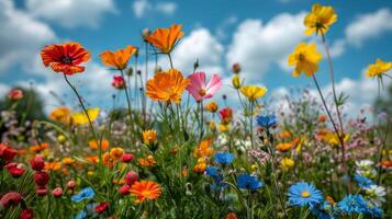 Colorful Flowers in Field Under Blue Sky photo