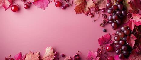Grapes and Red Leaves on a Pink Background photo