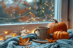 Cozy Autumn Scene With Pumpkins, Coffee, and Knitted Blanket by Window photo