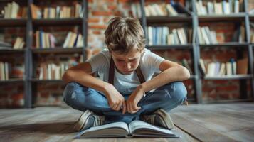 Young Boy Sitting on Floor Reading Book photo