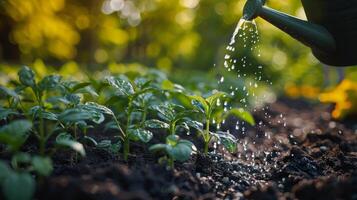 Watering Hose Sprinkling Water on a Plant photo