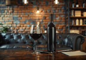A Glass of Red Wine on a Rustic Table With Brick Wall Background photo