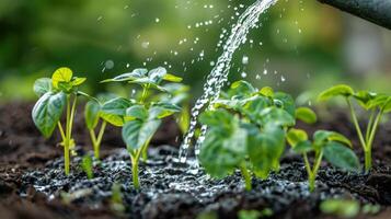 Watering Hose Sprinkling Water on a Plant photo