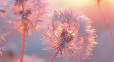 Close Up of a Dandelion With Seeds Blowing in the Wind Against a Soft Pink and Blue Background photo