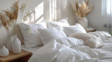 Bed With White Sheets and Pillows in Room photo