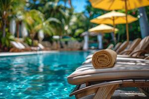 Rolled Towel on a Lounge Chair by a Tropical Pool photo