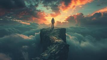 Silhouette of a Person Standing on a Clifftop During a Sunset Over the Clouds photo