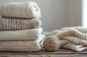 Stacked Beige Knitted Sweaters and Yarn Ball on a Wooden Table photo