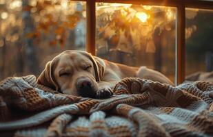 Two Golden Retrievers Napping by the Window on a Sunny Autumn Day photo
